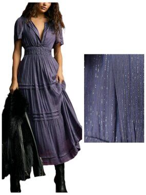 NWT Anthropologie The Somerset Maxi Dress Lurex Edition Purple Metallic XS